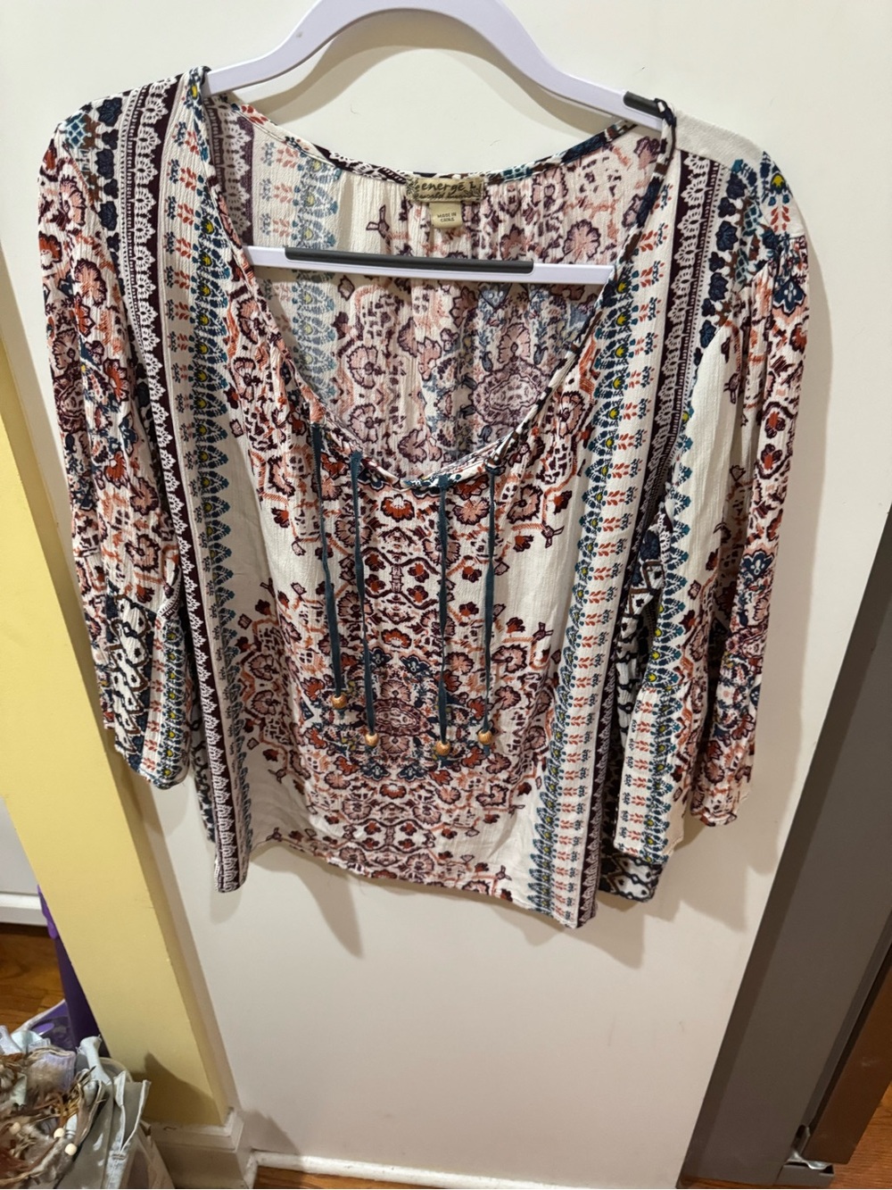 Boho Tie-Front Tunic Top - Cream with Rust & Teal Accents